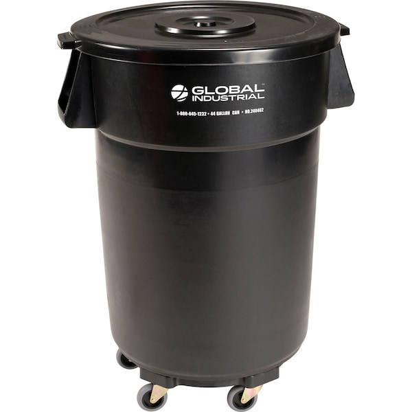 Global Industrial Plastic Trash Can with Lid & Dolly, 44 Gallon Black 240462BKB - main